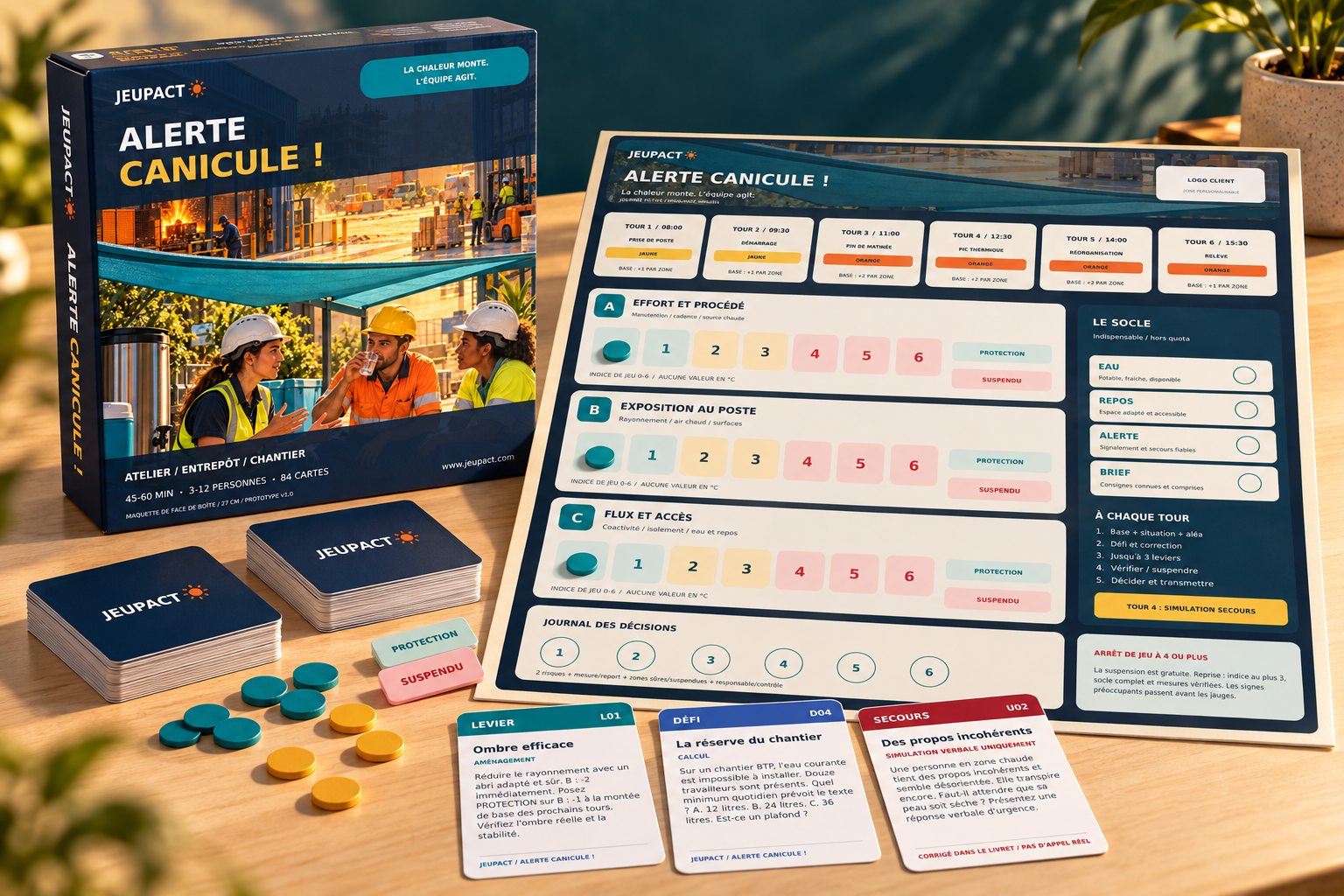 Boîte, plateau et cartes du jeu coopératif Alerte canicule ! de JEUPACT