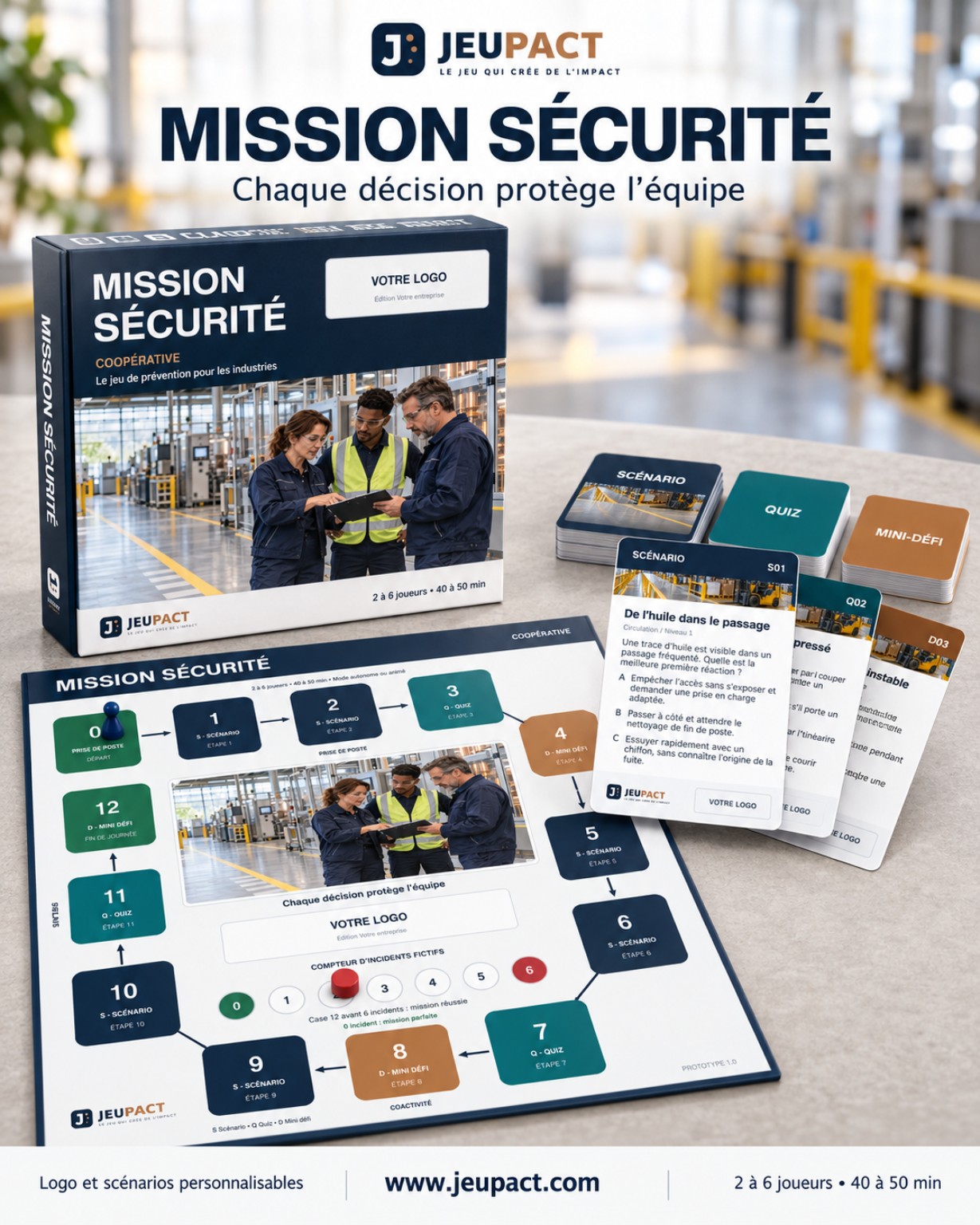Visuel officiel du jeu coopératif Mission Sécurité avec sa boîte, son plateau en douze étapes, ses cartes Scénario, Quiz et Mini-défi et son compteur d’incidents fictifs.