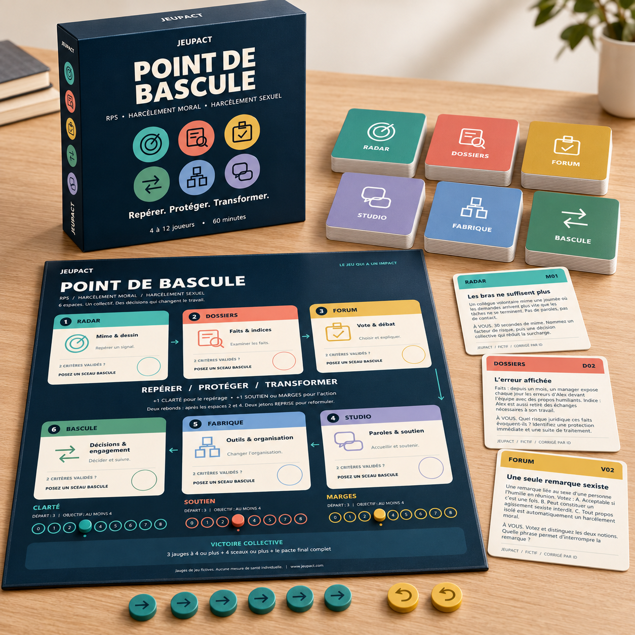 Point de Bascule de JEUPACT : boîte, plateau à six espaces colorés, cartes et jetons